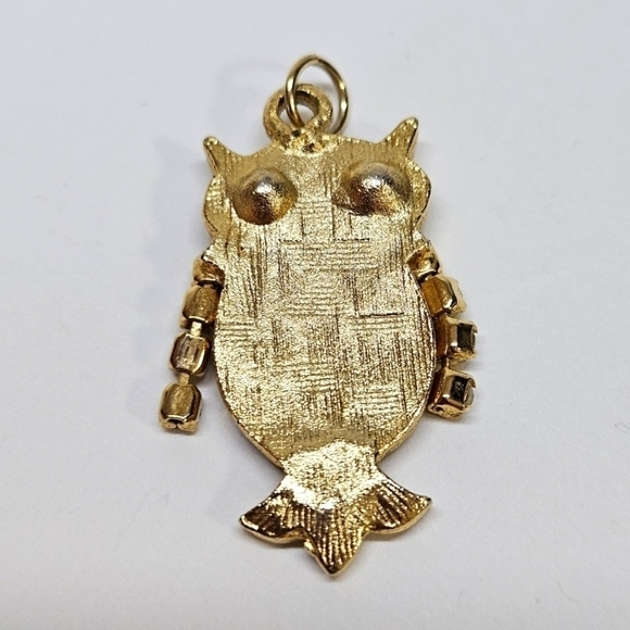 VINTAGE Gold-Tone Rhinestone Articulated Owl Bird Pendant Charm - Picture 4 of 5